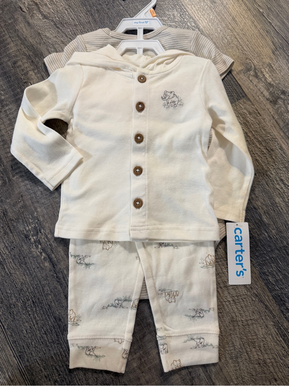 NWT Carter’s 12M 3-Piece Safari Elephant Outfit Set Hoodie Bodysuit Pants Jacket